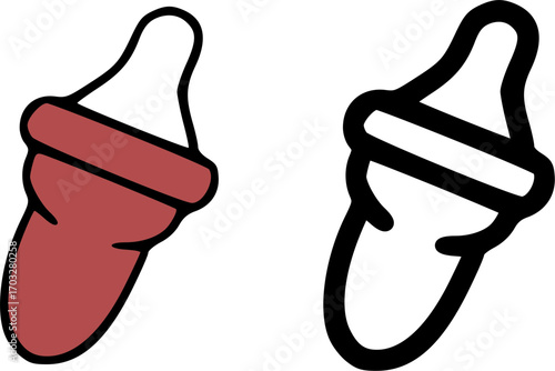 Two illustrations of baby bottles, one in a reddish-brown color and the other in black outline, showing different styles of baby bottle nipples.