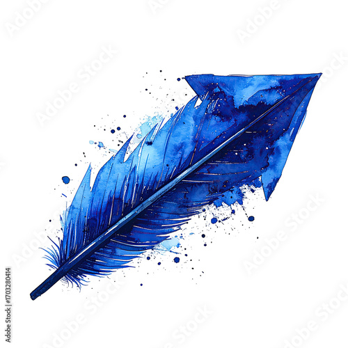 A vibrant, stylized blue feather, with watercolor-like textures and splatter