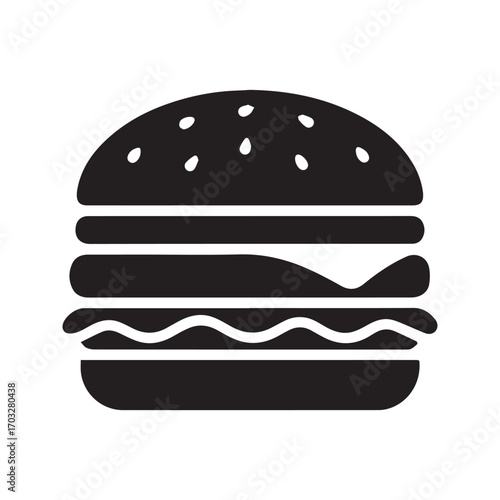 Hamburger icon, black burger silhouette. Fast food glyph symbol for menu design, isolated vector illustration.
