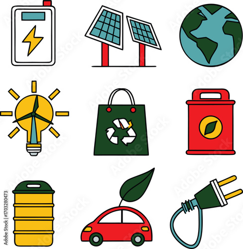 Line art icon set vector design, cat, horse, tree, plan, human organ and summer icon 