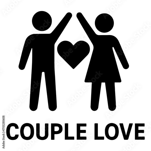Vector silhouette of a couple with arms raised and a heart between them symbolizing love and joy