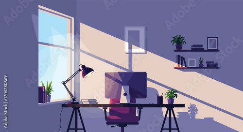 Pixel art home office scene with sunlight streaming through window illuminating desk area