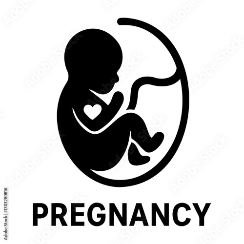 Vector illustration of a fetus inside a womb with a heart symbol on its body and pregnancy text