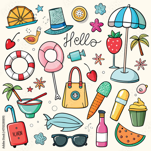 Line art icon set vector design, cat, horse, tree, plan, human organ and summer icon 