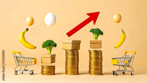 Fototapeta Naklejka Na Ścianę i Meble -  Inflation and rising food prices concept with coins shopping carts and groceries
