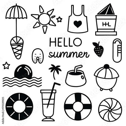 Line art icon set vector design, cat, horse, tree, plan, human organ and summer icon 