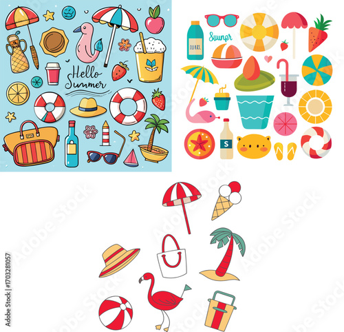 Line art icon set vector design, cat, horse, tree, plan, human organ and summer icon 