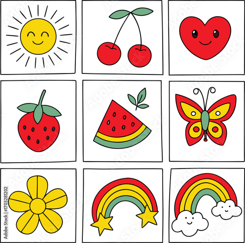 Line art icon set vector design, cat, horse, tree, plan, human organ and summer icon 