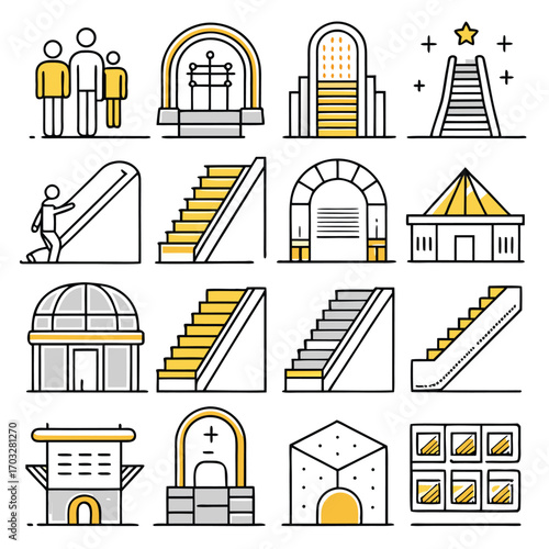 Line art icon set vector design, cat, horse, tree, plan, human organ and summer icon 