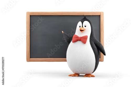 A penguin with a red bow tie writing on a chalkboard with chalk, proud teacher look, 3d animation, isolated on a white backgroun