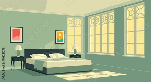 Pixel art bedroom scene illuminated by natural light through large windows showing abstract art on walls