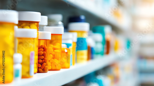Multiple prescription pill bottles filled with various capsules and tablets are neatly arranged on a pharmacy shelf with a blurred background