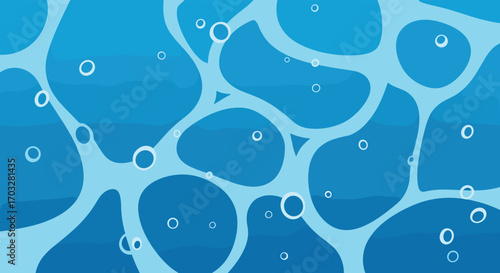 Gentle ripples of cool blue water with floating bubbles and sunlight reflections above