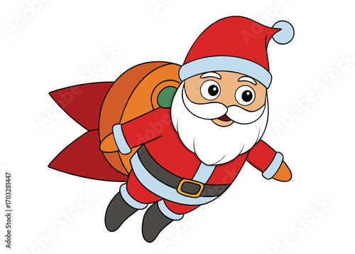 Silly cartoon santa claus flying with a jetpack over the holidays vector