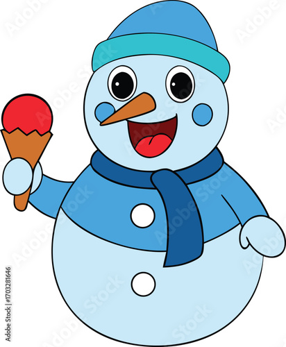 Joyful snowman cartoon enjoying a delicious ice cream cone in summer fun vector