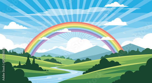A vibrant pixelated landscape showcasing a majestic rainbow arching over rolling hills under a sunburst sky