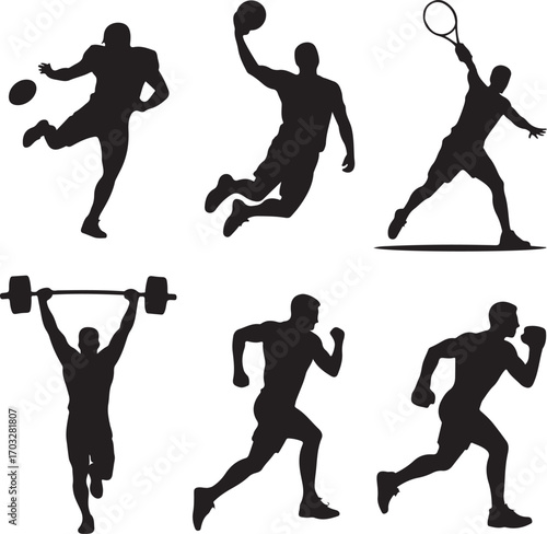 Six Silhouettes of Athletes in Action on White Background Keywords: silhouette, athlete, sport