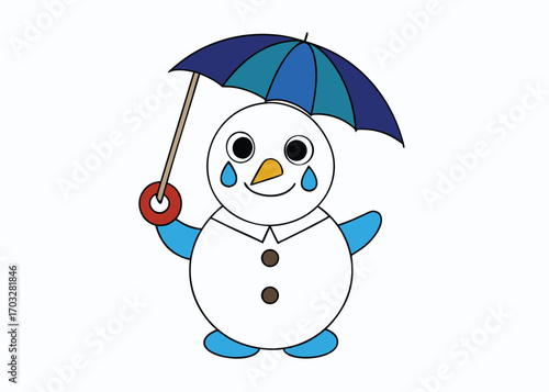 Whimsical snowman holding blue umbrella during rainy season for funny winter art vector