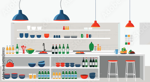 Modern kitchen interior design with extensive storage for food and utensils