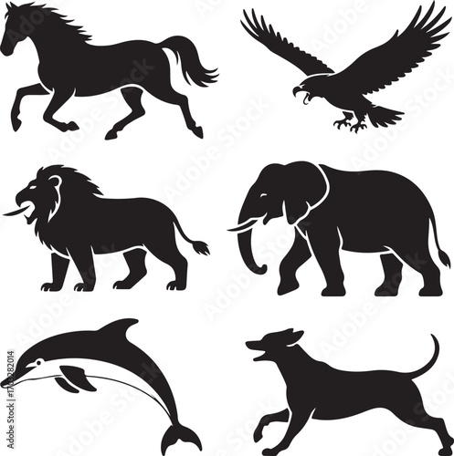 Silhouette Collection Of Various Animals In Motion On White Background Keywords: horse, running