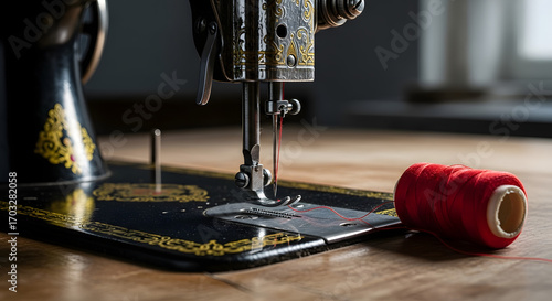 Detailed close-up of a classic black sewing machine with a spool of vibrant red thread on a wooden table