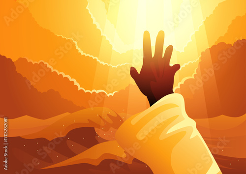 Vector illustration symbolizing the hand of Jesus reaching toward the sky, calming the storm with divine power.