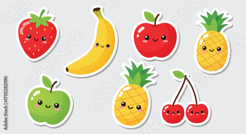 Cute and Kawaii Fruit Stickers Adorable Icons of Strawberry, Apple, and More