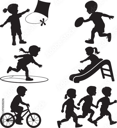 Silhouette Collection Of Children Playing Outdoor Games On White Background Keywords: children