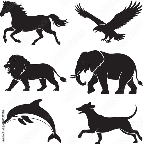 Silhouette Collection Of Various Animals In Motion On White Background Keywords: horse, running