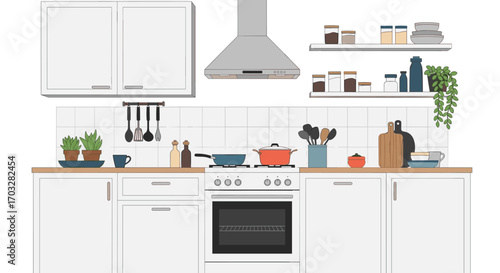 Modern kitchen interior with white cabinets stove oven shelves and cooking utensils