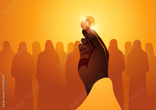 Biblical vector illustration of Jesus holding Caesar’s coin, symbolizing the gospel teaching, Render unto Caesar what is Caesar’s, and unto God what is God’s.