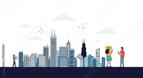 Modern cityscape illustration featuring diverse people interacting with technology amidst urban architecture and nature elements