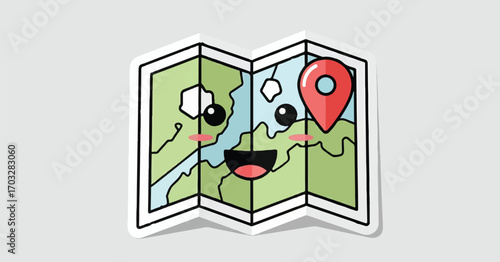 A whimsical and cheerful folded map cartoon character with a geotag pin, a fun sticker style illustration for travel and adventure