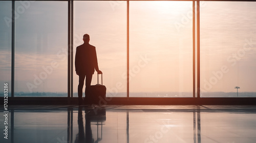 Pensive business traveler anticipates flight in terminal during golden hour