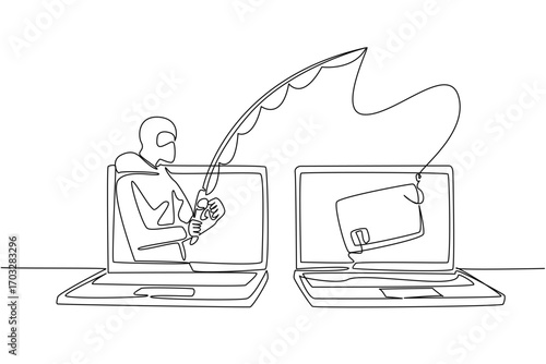 Single continuous line drawing a masked thief fishing for credit cards on a laptop screen. Hackers commit crimes. Data theft. National Senior Fraud Awareness Day. One line design vector illustration