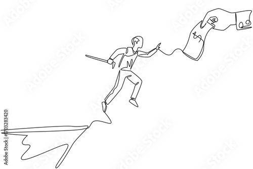 Single continuous line drawing grandpa jumps off cliff try to reach big hand holding banknotes. Entangled in loan shark debt. National Senior Fraud Awareness Day. One line design vector illustration