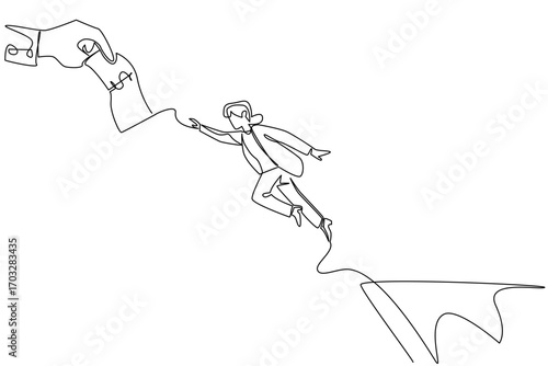 Continuous one line drawing grandma jumps off cliff trying to reach the big hand holding banknotes. Bogus investment. National Senior Fraud Awareness Day. Single line draw design vector illustration