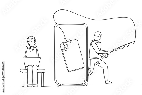 Continuous one line drawing grandma sits on sofa hold laptop and thief hides behind smartphone. Online shopping fraud. National Senior Fraud Awareness Day. Single line draw design vector illustration