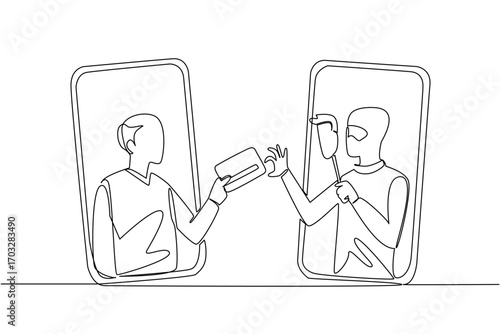 Single one line drawing grandpa out of his smartphone and hands his credit card to a masked thief. Camouflage. Crime. National Senior Fraud Awareness Day. Continuous line design graphic illustration