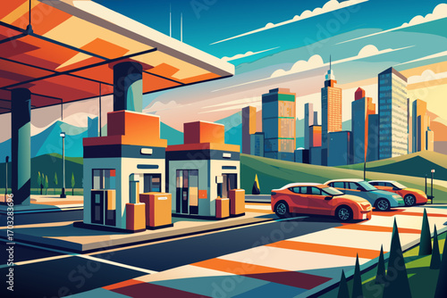 Modern gas station with cars parked and city skyline in background  