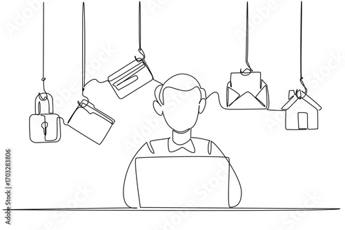 Single one line drawing a grandpa typing on laptop and some icons that require login. Data that is vulnerable to theft. National Senior Fraud Awareness Day. Continuous line design graphic illustration