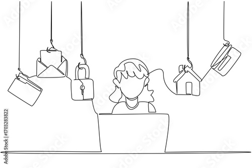 Single continuous line drawing a grandma typing on a laptop and some icons require login. Data vulnerability that easy to hack. National Senior Fraud Awareness Day. One line design vector illustration