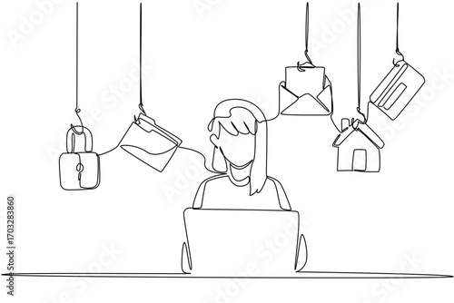 Single continuous line drawing man typing on laptop and some important icons. Differentiate passwords for digital security. National Senior Fraud Awareness Day. One line design vector illustration