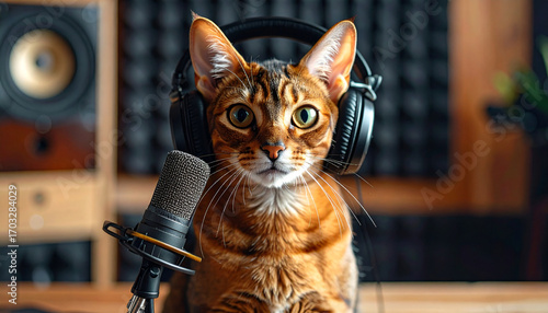 Photorealistic Abyssinian cat hosting a podcast in a soundproof studio