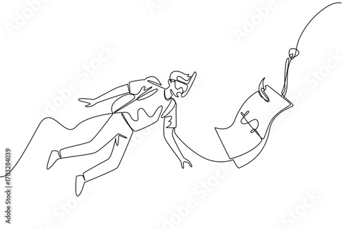 Single continuous line drawing man swimming diving and chasing a hook with dollar bills attached. Tempted by instant methods. National Senior Fraud Awareness Day. One line design vector illustration