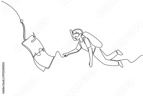 Single one line drawing woman swimming diving and chasing a hook with dollar bills attached. Wrong investment. Loss. National Senior Fraud Awareness Day. Continuous line design graphic illustration