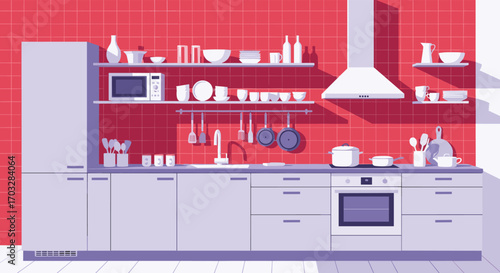 Modern kitchen interior design with a large cooking stove and multiple cabinets and shelves filled with cookware and appliances