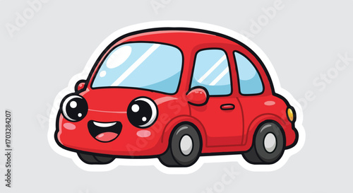 Charming and adorable red cartoon car illustration, joyfully smiling with big expressive eyes, evoking playful adventures and whimsical journeys