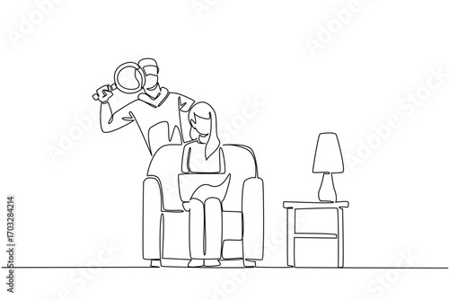 Continuous one line drawing woman sitting on sofa holds laptop and thief using magnifier. Secretly observing and hack. National Senior Fraud Awareness Day. Single line draw design vector illustration