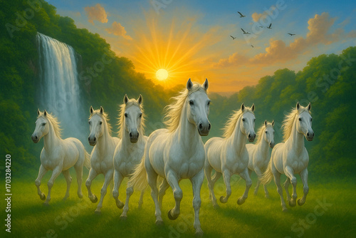 Seven White Horses Galloping Under a Soft Sky at Twilight Ai genret